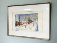 Danish School : Building in snow, watercolour, 37 cm x 24 cm.
