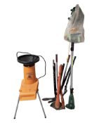 An Alko electric garden shredder and a group of hand and power tools.