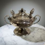 A silver oil lamp with engraved Rattray Clan motto 'Super sidera votum', Birmingham marks,