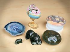 A 19th century Pratt ware pot, two jadeite carvings, an agate slice, decorative egg ornament,