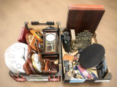 Assorted reproduction mantel clocks, military crests on wooden plaques, die cast locomotive,