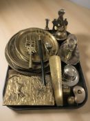 Metalwares including brass plaques and chargers, Indian enameled brass temple bell,