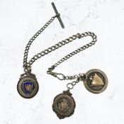 A silver watch Albert chain with T-bar and three fobs CONDITION REPORT: 47.