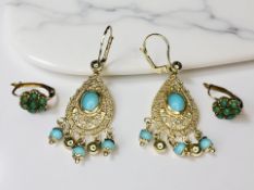 A pair of 9ct gold faux-turquoise earrings, length 4.