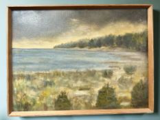 E Dencker : A beach scene at low tide, oil on board, 58 cm x 42 cm.