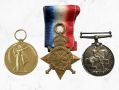A World War I medal trio awarded to 18857 PTE F Elliot, Inniskilin Fusiliers.