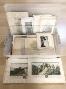 A collection of monochrome and hand coloured engravings including various maps,