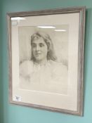 20th Century School : Portrait of a lady in a white dress, pencil and charcoal, 22 cm x 27 cm.