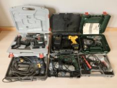 Six cases of power tools including DeWalt, Bosch, Pro, etc.