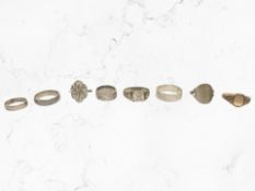 A group of antique and later silver plated, silver and white metal rings, gold plated signet ring.