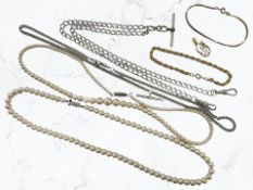 Two silver watch Albert chain, one with plated T-bar,