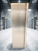 An AEG stainless steel upright freezer.