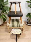 A blonde oak framed stool with striped cushion and three further various 20th century stools.