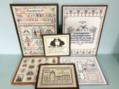 A group of needlework embroideries including an alphabet sampler dated 1902, 70 cm x 49 cm.