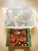 A quantity of glass decanters and several pieces of carnival glass.