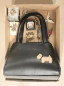 A Radley black leather hang bag and a group of marcasite costume jewellery, dress ring, etc.