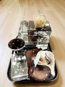 A group of contemporary mirrored jewellery chests, glass dishes, etc.