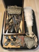 A vintage bone hand fan, two lady's mesh evening purses, decorative buttons,