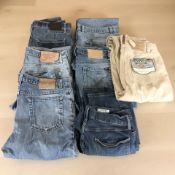 Seven pairs of denim jeans including Levi Strauss, Edge,