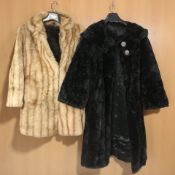 A vintage black scotch mole fur coat, a further fur coat and a stole.