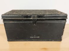 A 19th century lacquered tin military storage box with War Department arrow stanp, width 52 cm.
