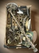 A quantity of antique door furniture, ceiling light fixture, chrome shaving mirror, brass wares,