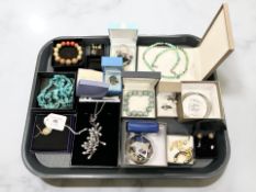Assorted costume jewellery including hardstone bracelets and necklaces, earrings, bangles,
