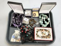 Assorted costume jewellery including hardstone bead necklaces, loose beads, large amethyst necklace,