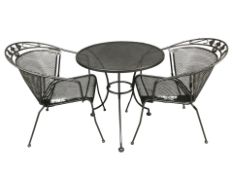 A contemporary metal garden patio table and pair of chairs