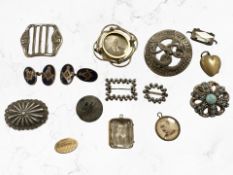 A group of antique and later brooches, Masonic cufflinks,