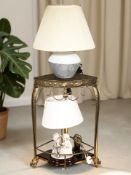 A gilt metal corner stand and two contemporary table lamps.