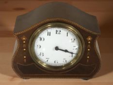 A French Art Nouveau mahogany and satinwood inlaid mantel clock, width 17 cm.