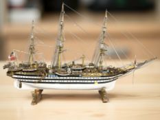 A scale model of a three masted sailing ship, length 130 cm.