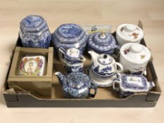 A group of Ringtons blue and white tea caddies, chintz teapot,