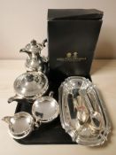 A Walker & Hall EPNS four piece tea service, an Arthur Price oval tray and a quantity of spoons,