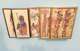 Five African prints on paper and fabric, the largest approximately 67 cm x 93 cm.
