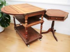 A reproduction hardwood drop leaf trolley, width 72 cm, together with a hexagonal low table.