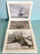 Three contemporary colour prints depicting spitfires and battleships, each 29 cm x 39 cm,