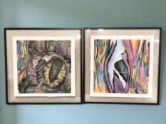 A pair of mixed media watercolour and leaf collage paintings on paper, each 42 cm x 40 cm.