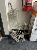 A 20th century moulded glass chandelier with crystal droplets, height 90 cm.