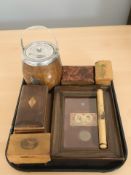 An oak and chrome biscuit barrel, two pieces of Mauchline Ware, further table boxes,