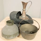 A Victorian jam pan, coal receiver, two other pieces of metal ware.