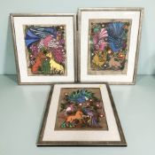 Three Mexican folk art paintings signed 'Katherine' and dated 2012, each 35 cm x 27 cm.