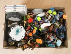 A collection of contemporary Activision Skylanders figurines with display stands,