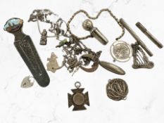 An interesting group of silver and white metal items including book mark, coin pendant.