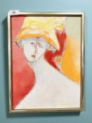 Vincent Verde : Portrait of a lady wearing a yellow hat, oil on canvas, 39 cm x 29 cm.