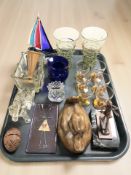 A group of decorative drinking glasses, glass sculpture of a yacht, Art Deco style figure of a girl,