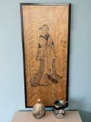 An oak panel with hand painted decoration depicting a geisha, 34 cm x 74 cm,