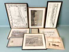 A group of pictures and prints including a monochrome print 'The South-East Prospect of Newcastle