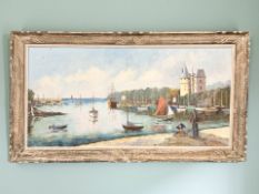 Continental School : Unloading the day's catch, oil on canvas, 118 cm x 58 cm.